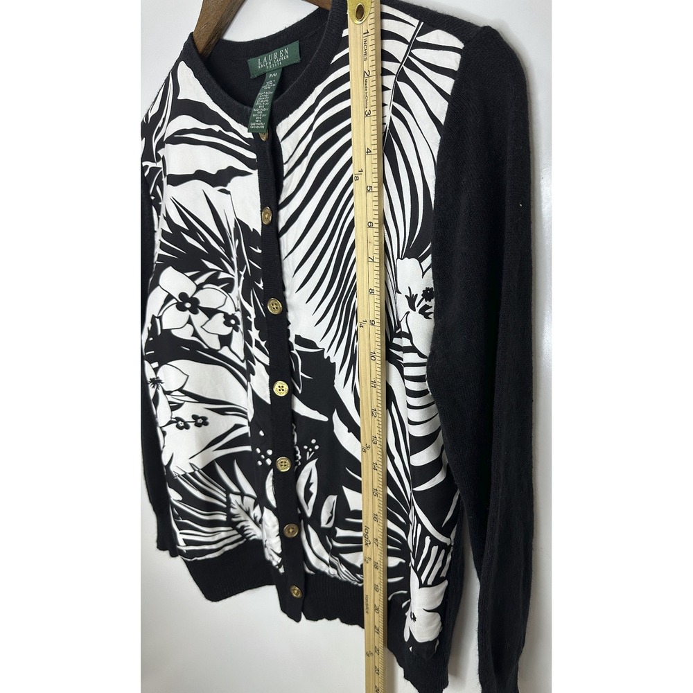 Lauren Ralph Lauren Silk Cashmere Tropical Floral Cardigan Black White Petite M - Picture 10 of 14